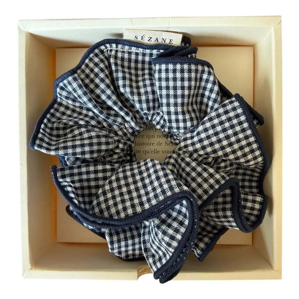Sezane Maxi Chouchou Vichy Bleu Marine Gingham Cotton Hair Scrunchie NIB
